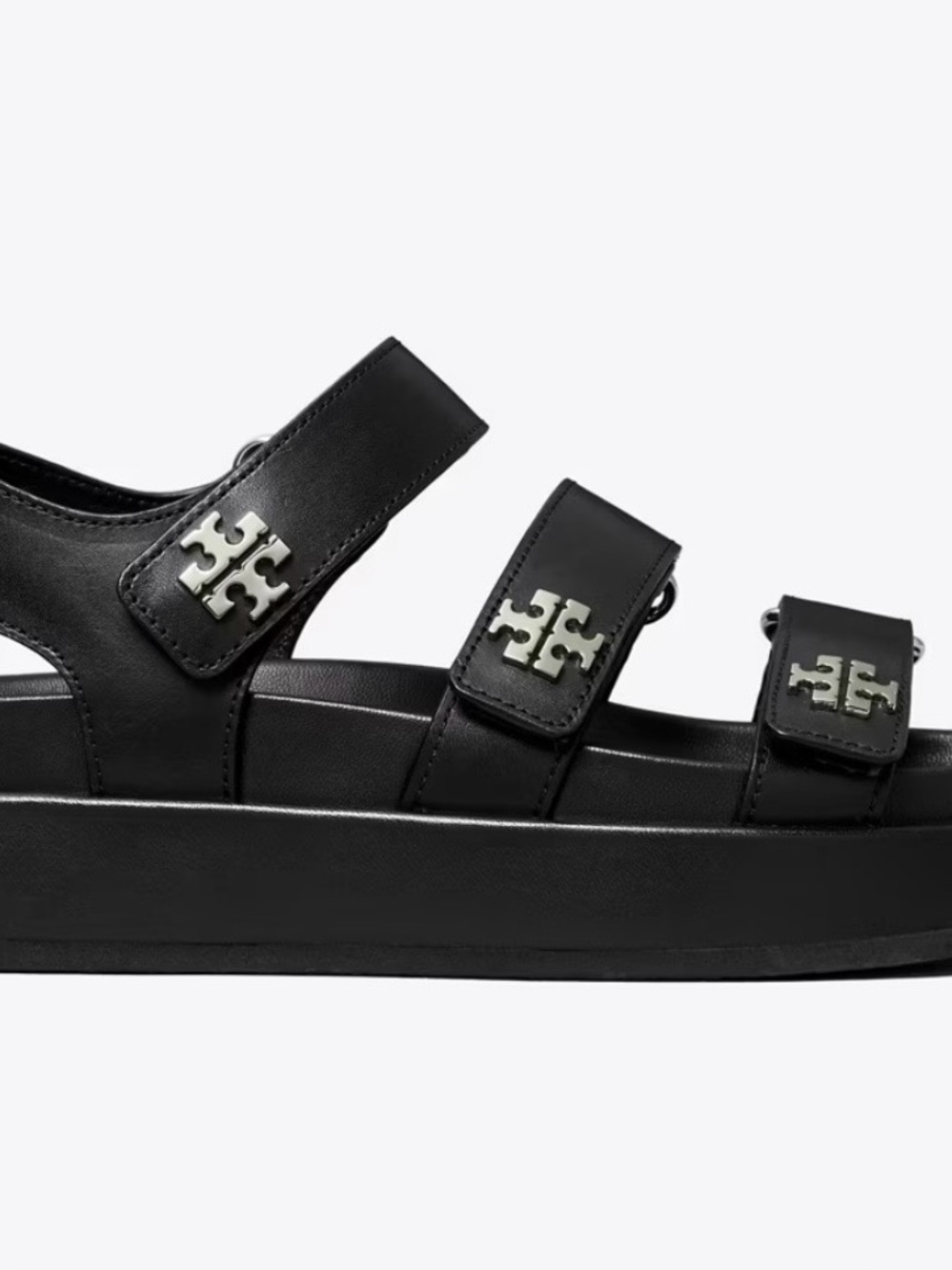 Tory Burch Black Leather Triple-Strap Platform Sandals with Logo Hardware - Picture 3 of 6
